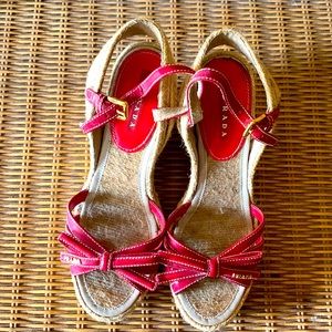 Red patent leather Prada wedge espadrille sandals